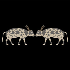Symmetrical animal design with two spotted cows. Ethnic ancient Egyptian motif. On black background.