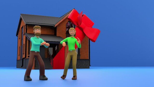 a man and a woman happy at their new home, dancing, 3d cartoon characters