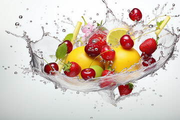 Fruit and vegetables splash with water, splashing fruite for poster advertising billboard, Many fruits and vetgetable falling in to water