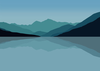 Naklejka na ściany i meble Landscape mountains and lake panorama, vector illustration.