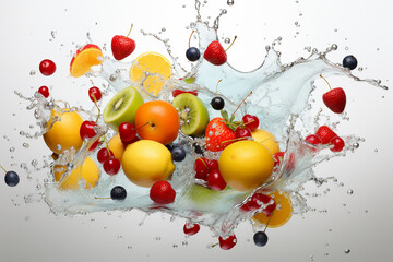 Fruit and vegetables splash with water, splashing fruite for poster advertising billboard, Many fruits and vetgetable falling in to water