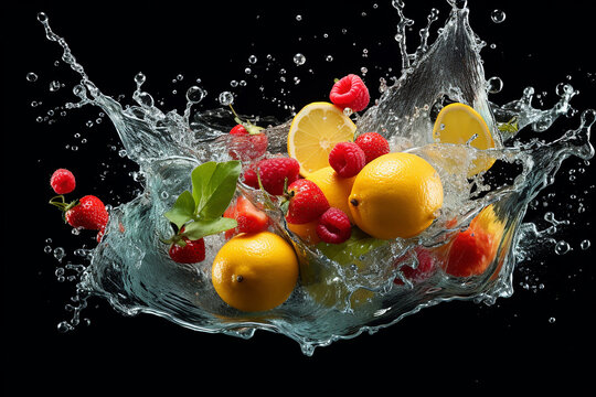 Fruit and vegetables splash with water, splashing fruite for poster advertising billboard, Many fruits and vetgetable falling in to water