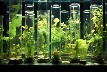 The growth of plants and corn by photosynthesizing from morning light power in beakers at a plant production glass laboratory. Generative AI.