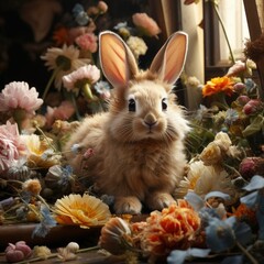 Fototapeta na wymiar Easter card. Cute bunny with spring flowers. 