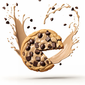 3D render of an isolated heart shaped Chocolate truffle cookie chunks with impactful Splash and chocolate drops and ripple cocoa powder and nuts and milk flow ice cream