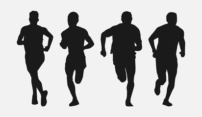 Set of silhouettes of men running, jogging. Isolated on white background. Graphic vector illustration.