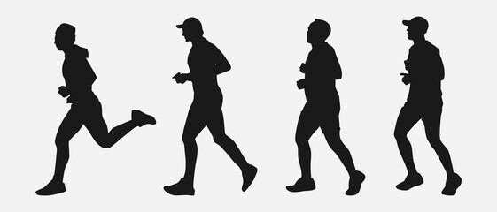 Set of silhouettes of men running, jogging. Side view. Isolated on white background. Graphic vector illustration.