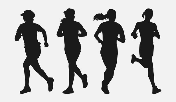 Woman running silhouette. Set of female runners. Sprint, jog. Isolated on white background. Graphic vector illustration.