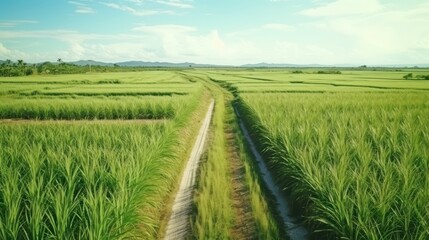 Empty ground road across sugarcane plantation at summer farmland. Way through perennial grass cultivated for juice used for sugar producing. Agricultural culture growing in large Asian field - obrazy, fototapety, plakaty