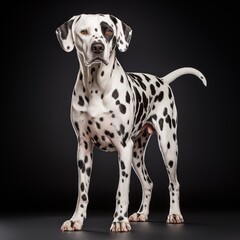 Full length Dalmatian dog, studio portrait, isolated on black