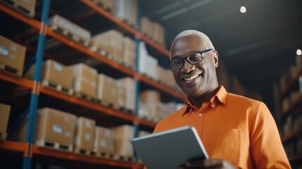Portrait of an accountant in warehouse. African American businessman standing in his fabric warehouse and working with tablet PC.