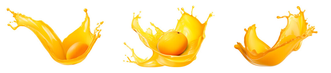mango juice splashes wave swirl isolated in a transparent background, fruit beverage liquid splashing PNG	 - obrazy, fototapety, plakaty