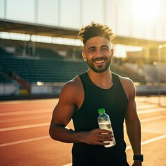 male runner, athletic tank top, holding water bottle, stadium backdrop, sunset light, positive energy athlete hydration, outdoor workout, track and field athlete, healthy lifestyle man, sunset sports 