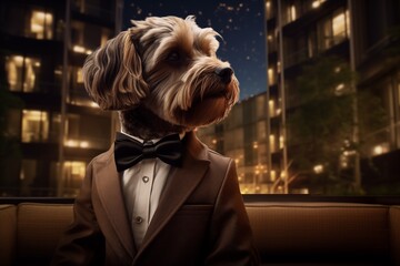 Elegant dog in a suit and bow tie on the background of the night city - obrazy, fototapety, plakaty