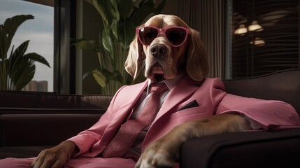60's style, fashionable dog in pink suit sitting in leather chair with dark glasses, looking at camera. Concept Gangster or Mafioso - obrazy, fototapety, plakaty