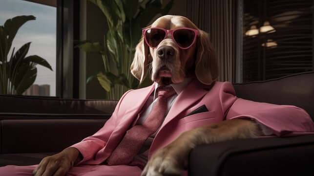 60's style, fashionable dog in pink suit sitting in leather chair with dark glasses, looking at camera. Concept Gangster or Mafioso