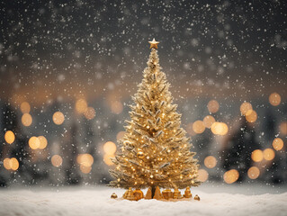 Fototapeta na wymiar Gold Christmas tree, snowy night, gold bokeh, 