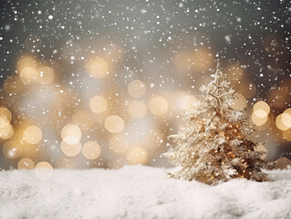 Fototapeta na wymiar close up of Christmas tree a snowy night, gold bokeh, Christmas gift boxs, Christmas background