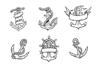 Hand drawn sketch art anchor set. Black color vector illustration in engraving style.
