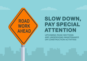 Safe driving tips and traffic regulation rules. Close-up of United States road work ahead sign. Slow down, pay special attention warning. Flat vector illustration template.