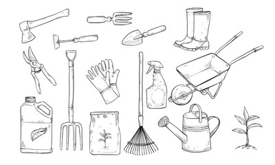Fototapeta na wymiar gardening tools handdrawn collection