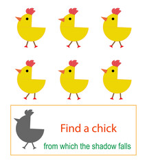 Educational game for kids. Find a cartoon chick from which the shadow falls.