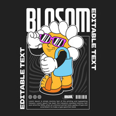 cool daisy flower groovy character 90s design illustration with slogan, retro cartoon character, flower cartoon