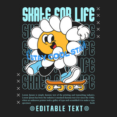 hippie daisy flower groovy character 90s design illustration with slogan, retro cartoon character, flower cartoon