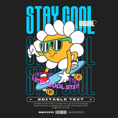 cool daisy flower groovy character 90s design illustration with slogan, retro cartoon character, flower cartoon