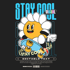 skate daisy flower groovy character 90s design illustration with slogan, retro cartoon character, flower cartoon