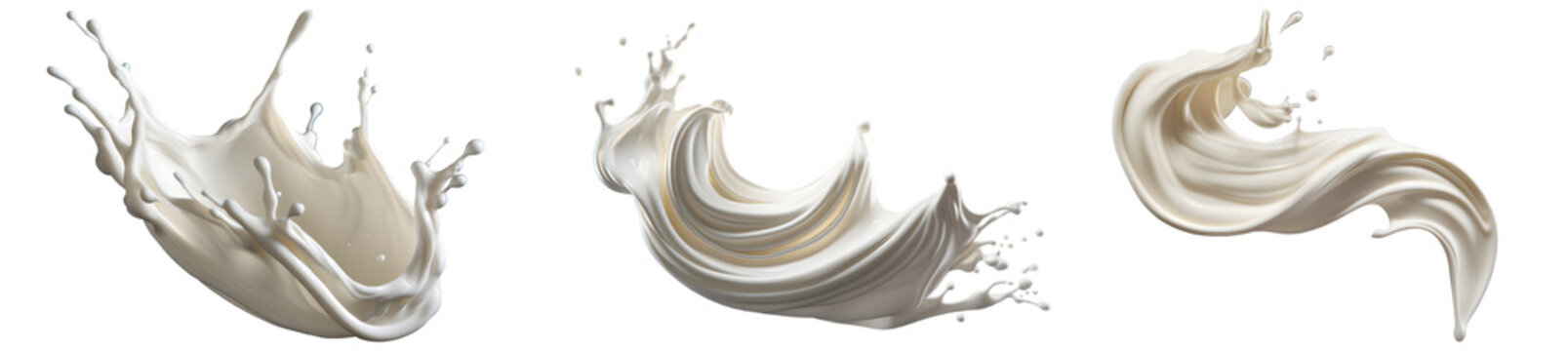 milk splashes set isolated on a transparent background, twisted creamy Yogurt or white paint wave swirl splashing clipart PNG, liquid splashes	