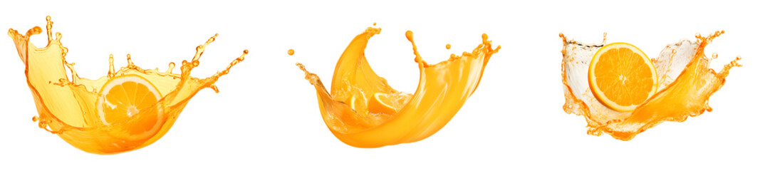 orange or lemon juice splashes wave swirl isolated in a transparent background, fruit beverage liquid splashing PNG	 - obrazy, fototapety, plakaty