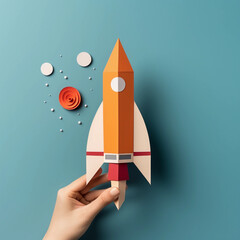 Hand holding paper rocket spaceship, Flying space rocket against the sky, paper cutout. Concept business idea, startup, exploration, success, education. Generative ai