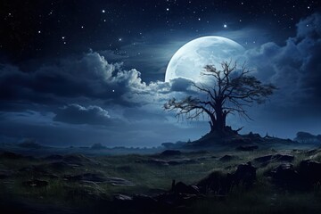 Fototapeta na wymiar night landscape with a big moon and tree