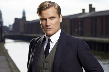 Fototapeta premium Portrait of a british man dressed in a dark suit and a crisp white shirt