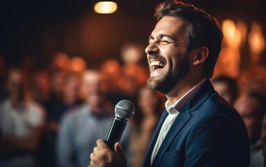 Lively comedy club with audience laughing at a stand-up performance