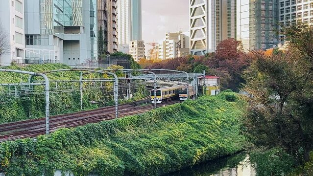 御茶ノ水駅周辺の神田川沿を並走する中央線と総武線