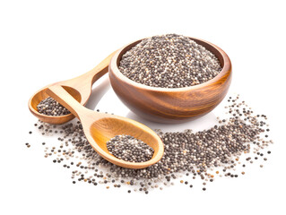 Black chia seeds in wooden spoon isolated on white background cutout.