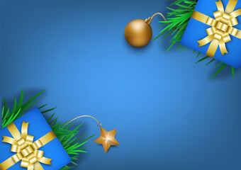 Christmas and New Years on blue background with copy space