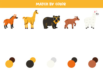 Match South American  and colors. Educational worksheet for kids. Cute cartoon Maned wolf, llama, spectacled bear, pudu and alpaca.