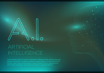 Artificial intelligence in humanoid head with neural network thinks. AI with Digital Brain is learning processing big data, analysis information. Face of cyber mind. Technology background concept. 