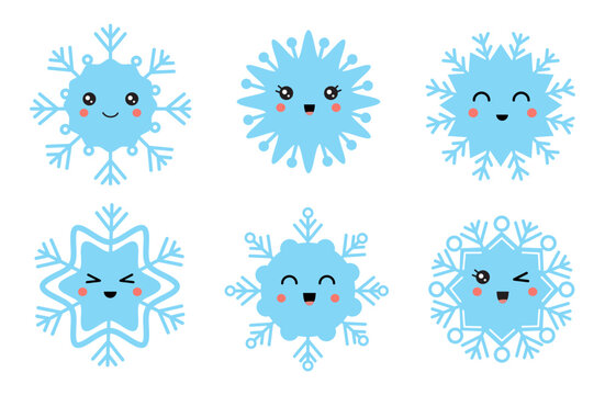 Vector collection of cute cartoon kawaii blue snowflakes.