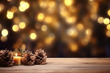 Fototapeta na wymiar Merry Christmas and Happy New Year background with empty wooden table over Christmas tree and blurred light bokeh. Empty display for product placement. Rustic vintage Xmas 2024 background. comeliness
