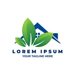 Botanical home logo icon. Green house eco with fresh leaf icon concept