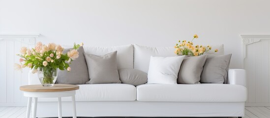 Real photo of flowers on wooden table in a white flat interior with a grey couch and pillows.