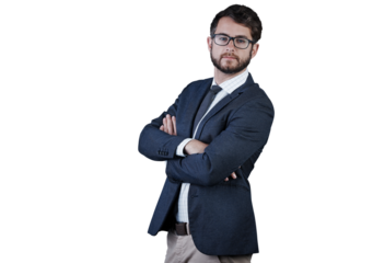 Portrait, serious and business man with arms crossed isolated on a transparent png background. Glasses, professional entrepreneur and confident salesman, worker pride and corporate employee in Spain