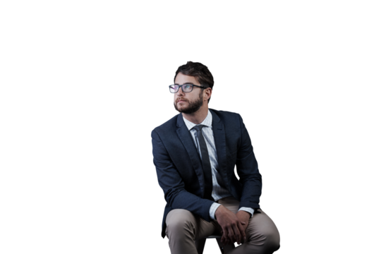 Man, thinking and serious for future idea and isolated on transparent png background. Confident, young and financial clerk working for career, and startup with a businessman for corporate job