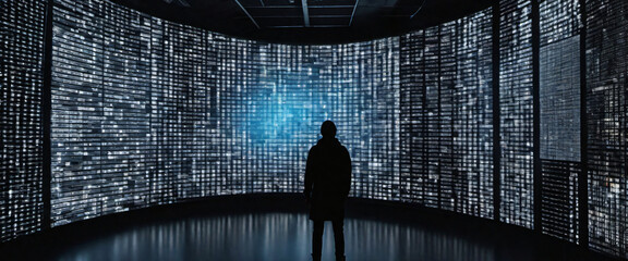 A silhouette of a person standing in front of a giant digital screen with a flow of data showing various cyber threats and vulnerabilities - obrazy, fototapety, plakaty