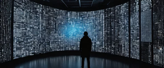 Foto op Canvas A silhouette of a person standing in front of a giant digital screen with a flow of data showing various cyber threats and vulnerabilities © Monmeo
