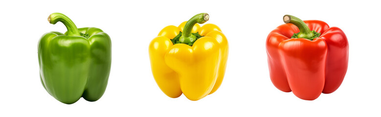 bell pepper green, yellow, and red paprika set isolated on a transparent background, big chili images PNG	 - Powered by Adobe